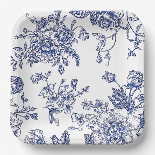 青と白のヴィンテージフローラスクエア紙プレート ペーパープレート (正面)