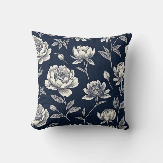 青と白のヴィンテージフローラブロックプリント クッション (正面)