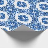 青と白のヴィンテージフローラ水カラーパリジャン ラッピングペーパー (角)