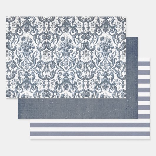 青と白のヴィンテージフローラ無地の ラッピングペーパーシート (セット)