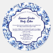 青と白のヴィンテージフローラ石鹸の化粧品ラベル ラウンドシール (正面)