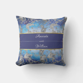 青と白のヴィンテージフローラ クッション