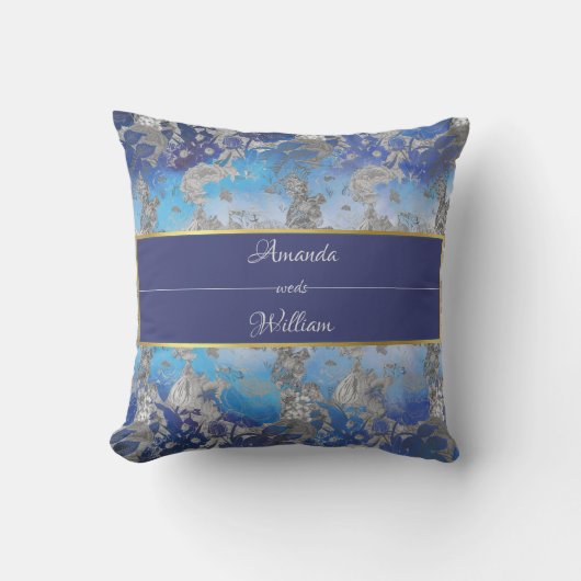 青と白のヴィンテージフローラ クッション (正面)