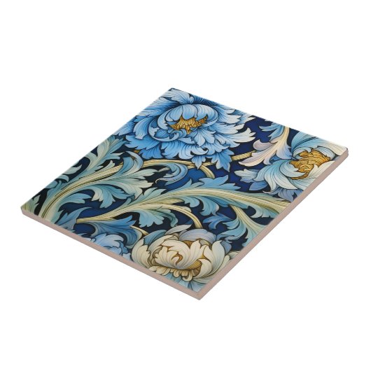 青と白のヴィンテージフローラ タイル (側面)