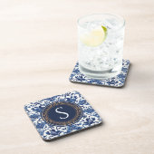 青と白のヴィンテージフローラChinoiserieモノグラム コースター (右側)