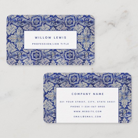 青と白のヴィンテージ地中海のフローラモダン 名刺 (正面/裏面)