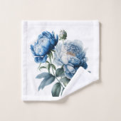 青と白のヴィンテージ牡丹オンホワイトタオルセット バスタオルセット (ウォッシュタオル)