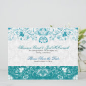 青と白のヴィンテージ花 - 結婚式の日程を保存 招待状 (スタンド正面)