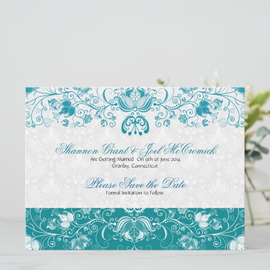 青と白のヴィンテージ花 - 結婚式の日程を保存 招待状 (スタンド正面)