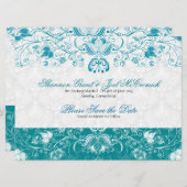 青と白のヴィンテージ花 - 結婚式の日程を保存 招待状 (正面/裏面)