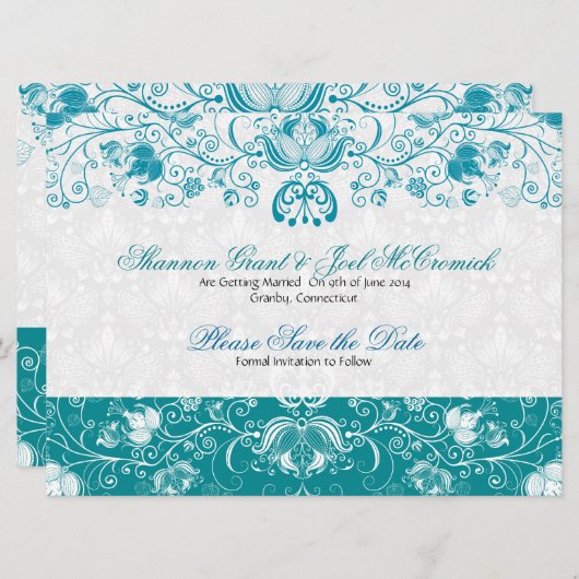 青と白のヴィンテージ花 - 結婚式の日程を保存 招待状 (正面/裏面)