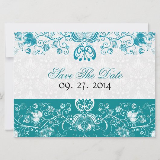 青と白のヴィンテージ花 - 結婚式の日程を保存 招待状 (裏面)