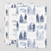 青と白のヴィンテージ ファッション フレンチ トワール 招待状 (正面/裏面)