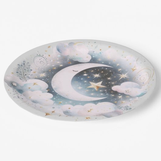 青と白の三日月の天体ボーモダンホ ペーパープレート (アングル)