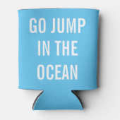 青と白の休暇で海にジャンプ 缶クーラー (正面)