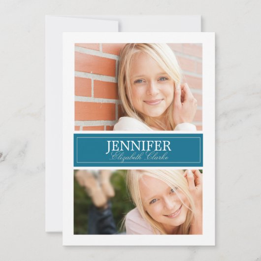 青と白の写真 卒業カード 招待状 (正面)