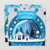 青と白の冬のワンダーランドの家のスノーグローブ セーブザデート (正面/裏面)