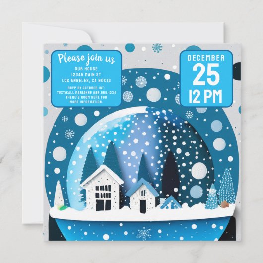 青と白の冬のワンダーランドの家のスノーグローブ セーブザデート (裏面)