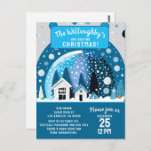 青と白の冬のワンダーランドハウススノースグローブ ポストカード (正面/裏面)