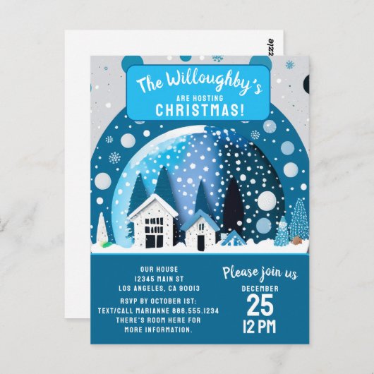 青と白の冬のワンダーランドハウススノースグローブ ポストカード (正面/裏面)