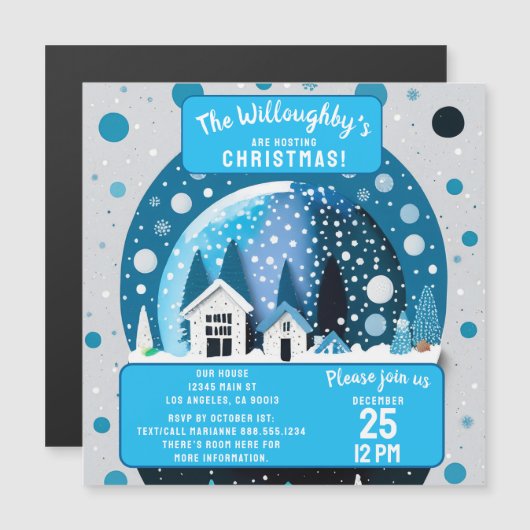 青と白の冬のワンダーランドハウススノースグローブ マグネット招待状 (正面/裏面)