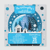 青と白の冬のワンダーランドハウススノースグローブ マグネット招待状 (正面)