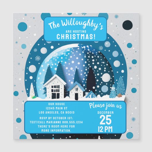 青と白の冬のワンダーランドハウススノースグローブ マグネット招待状 (正面)