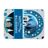 青と白の冬のワンダーランドハウススノースグローブ マグネット (横)