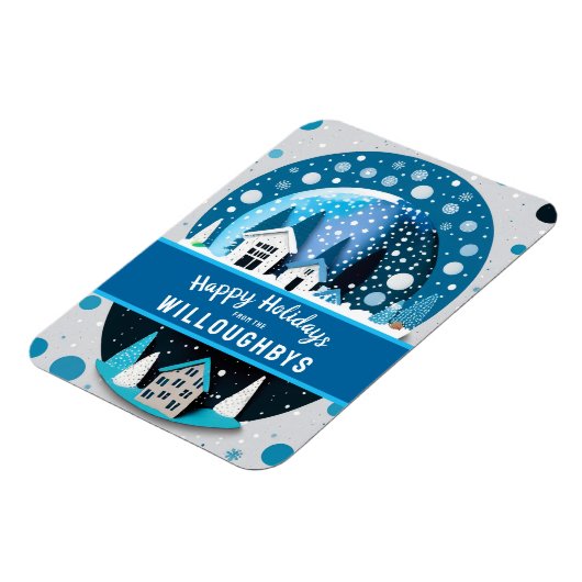 青と白の冬のワンダーランドハウススノースグローブ マグネット (左側)