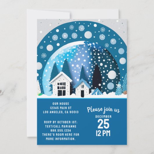 青と白の冬のワンダーランドハウススノースグローブ 招待状 (裏面)