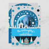 青と白の冬のワンダーランドハウススノースグローブ 招待状 (正面/裏面)