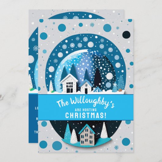 青と白の冬のワンダーランドハウススノースグローブ 招待状 (正面/裏面)