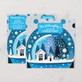 青と白の冬の不思議な家のスノーグローブ セーブザデート (正面/裏面)