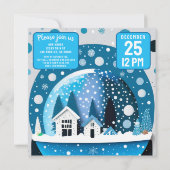 青と白の冬の不思議な家のスノーグローブ セーブザデート (裏面)