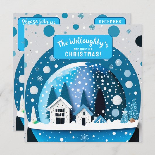 青と白の冬の不思議な家のスノードーム セーブザデート (正面/裏面)