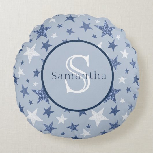 青と白の冬の星モノグラパーソナライズされたム ラウンドクッション (正面)