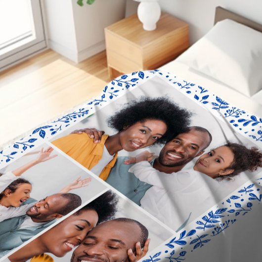 青と白の冬の植物写真コラージュ フリースブランケット