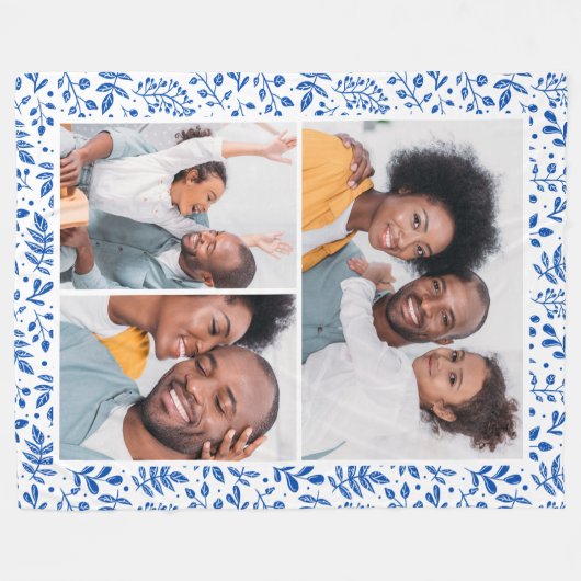 青と白の冬の植物写真コラージュ フリースブランケット (正面(横))