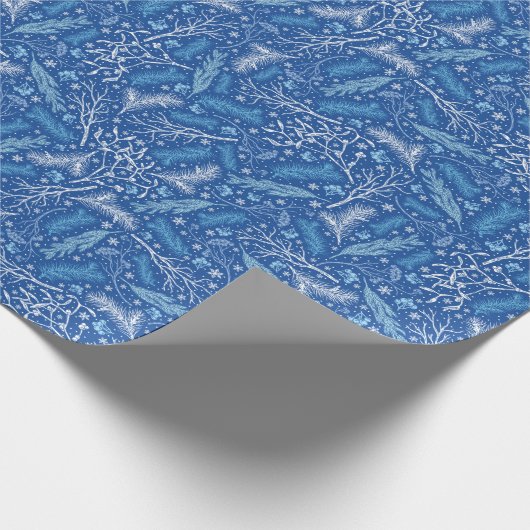 青と白の冬の植物模様 ラッピングペーパー (角)