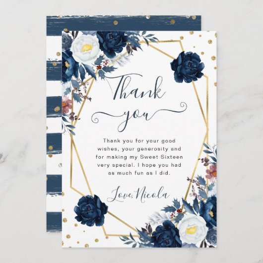 青と白の冬の花フレーム甘い16 サンキューカード (正面/裏面)