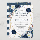 青と白の冬の花フレーム誕生日 招待状 (正面/裏面)