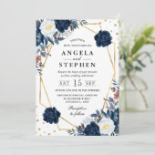 青と白の冬の花金ゴールド結婚枠 招待状 (スタンド正面)