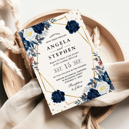 青と白の冬の花金ゴールド結婚枠 招待状