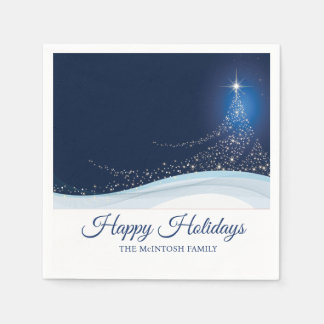 青と白の冬の雪のクリスマスツリー 編集可能 スタンダードカクテルナプキン