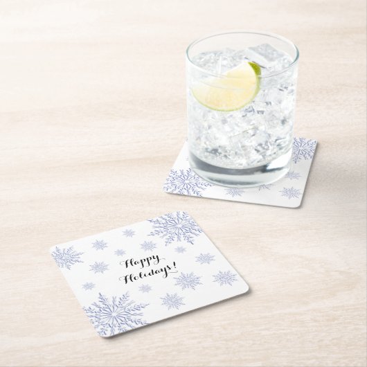 青と白の冬の雪の結晶ハッピーホリデー スクエアペーパーコースター (インサイチュ)