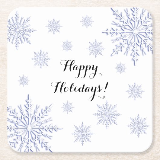 青と白の冬の雪の結晶ハッピーホリデー スクエアペーパーコースター (正面)