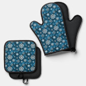 青と白の冬の雪の結晶模様 鍋つかみ&鍋敷きセット (正面/裏面)