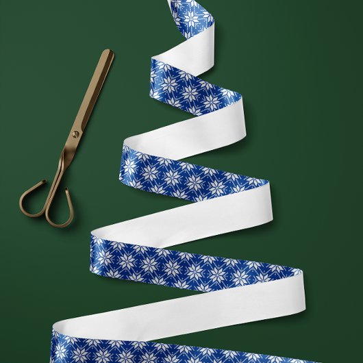 青と白の北欧のスノーフレークのパターン サテンリボン