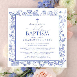 青と白の十字聖バプテスマのフローラ蝶 招待状