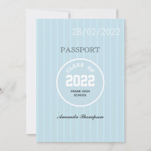 青と白の卒業パスポートの写真 招待状 (正面)